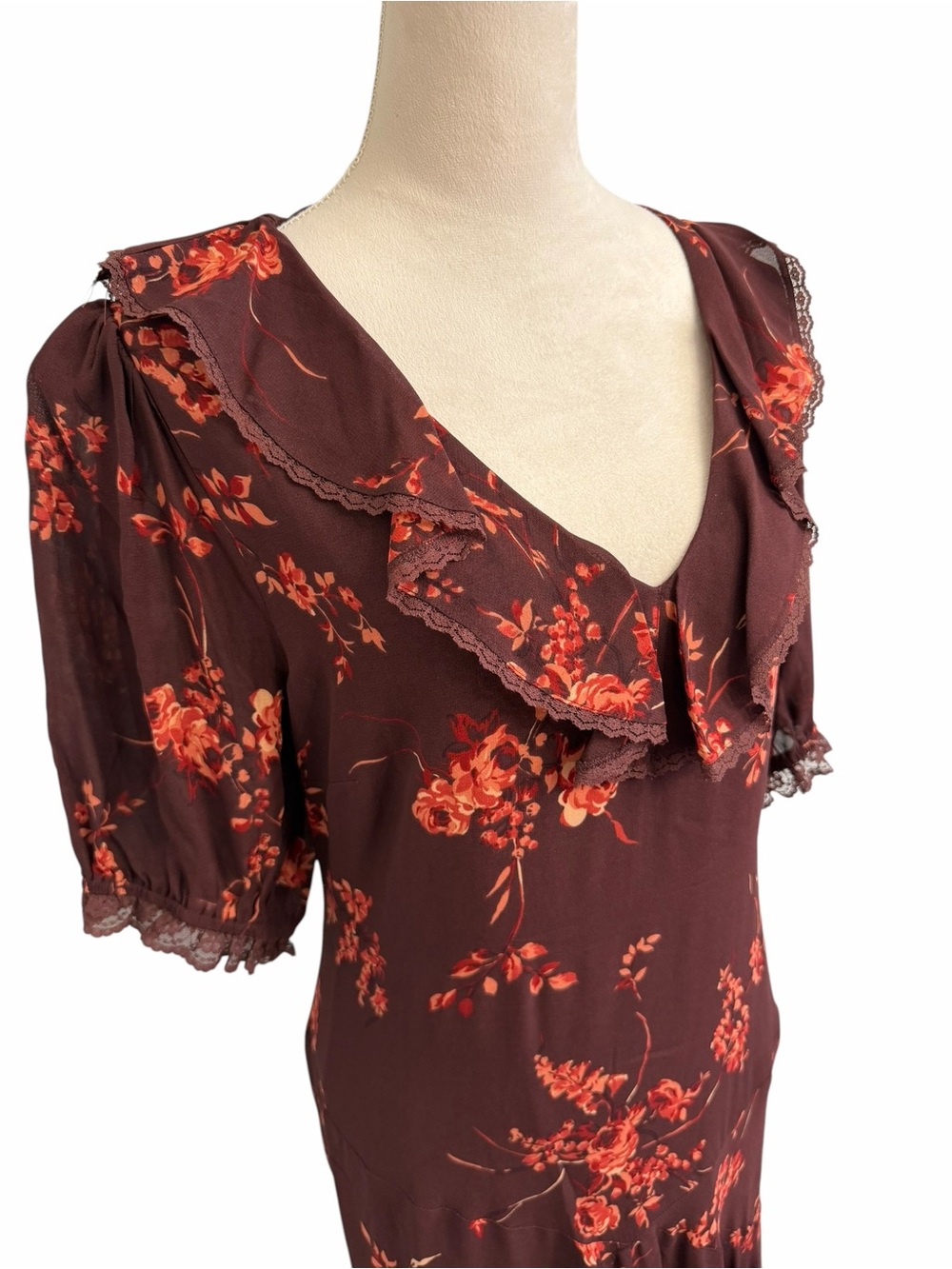 Reformation Evra Lace Georgette Burgundy Maxi Dress with Rust Floral Print - Picture 8 of 13
